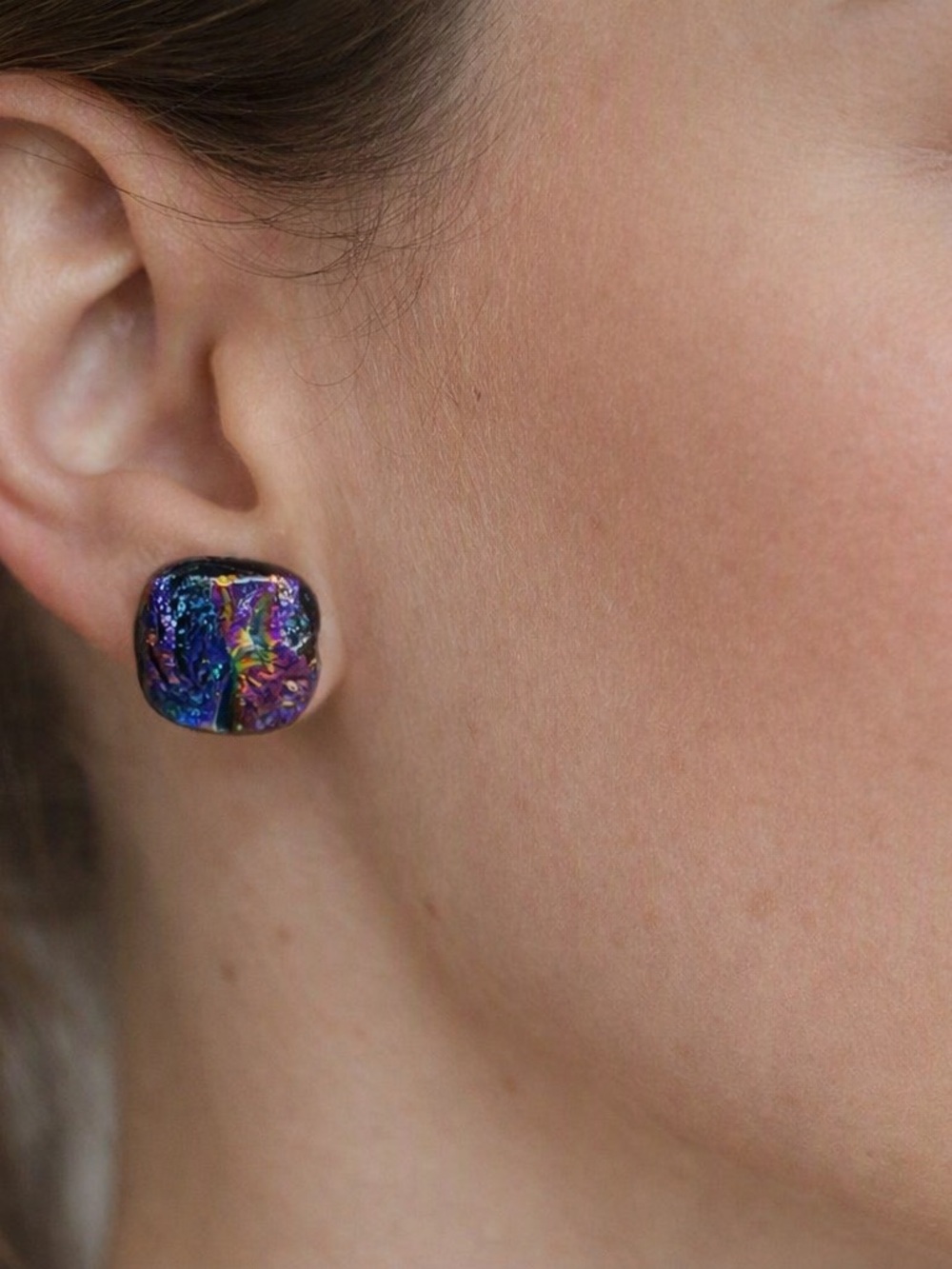 Dichroic Glass pieced earrings purple iridescent square